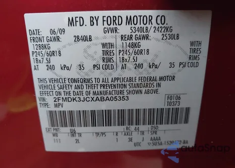 2010 Ford Edge Sel z USA, uszkodzony, nr VIN 2FMDK3JCXABA05353